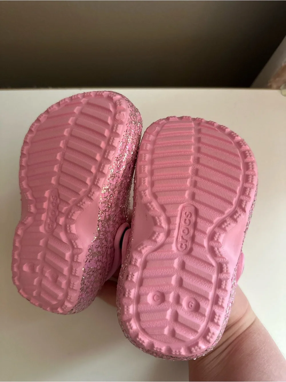 Toddler size 6 Pink Glitter Slip-On Crocs- with Fleece Lining